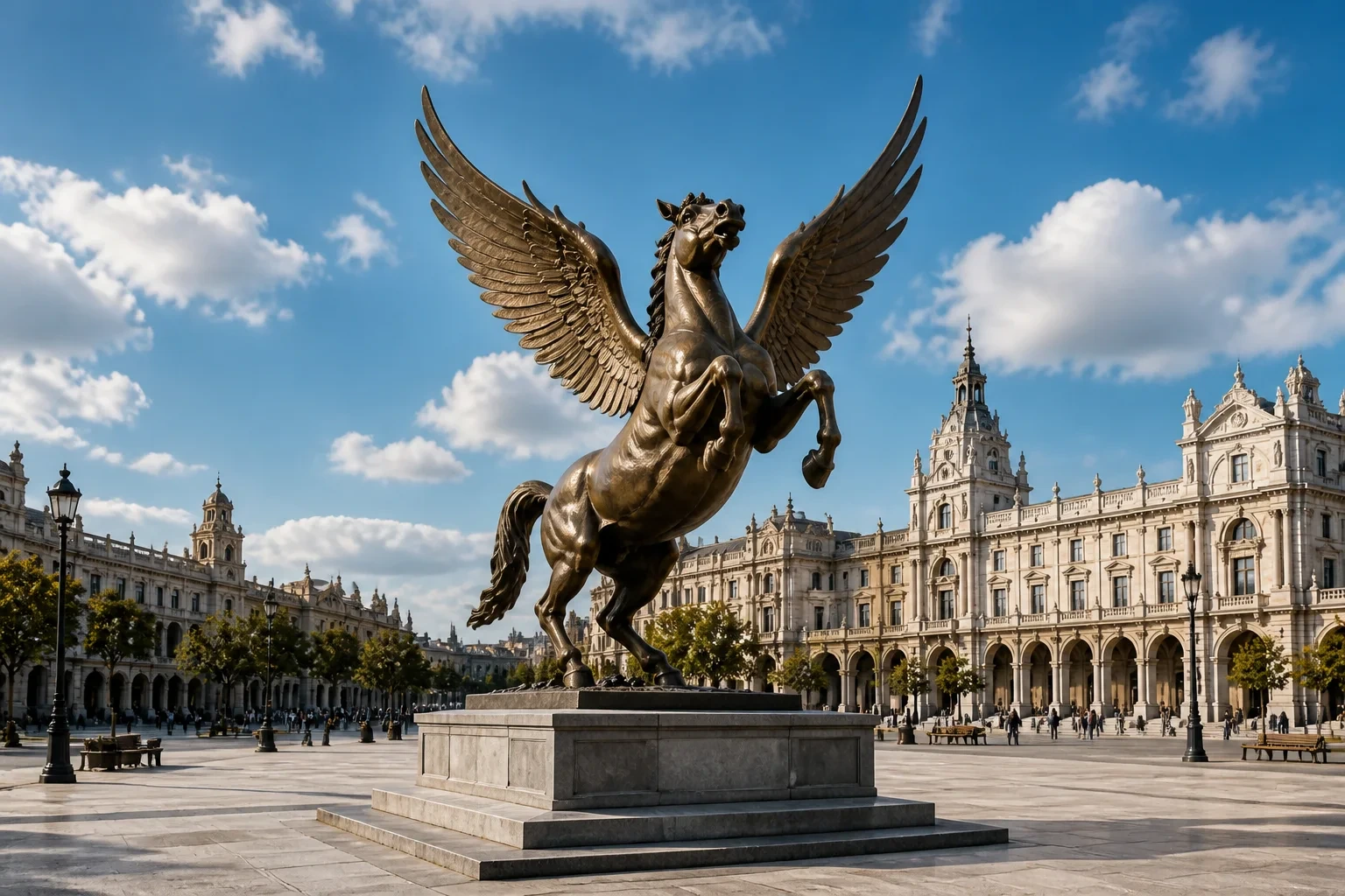 Bronze Pegasus sculpture in a public plaza