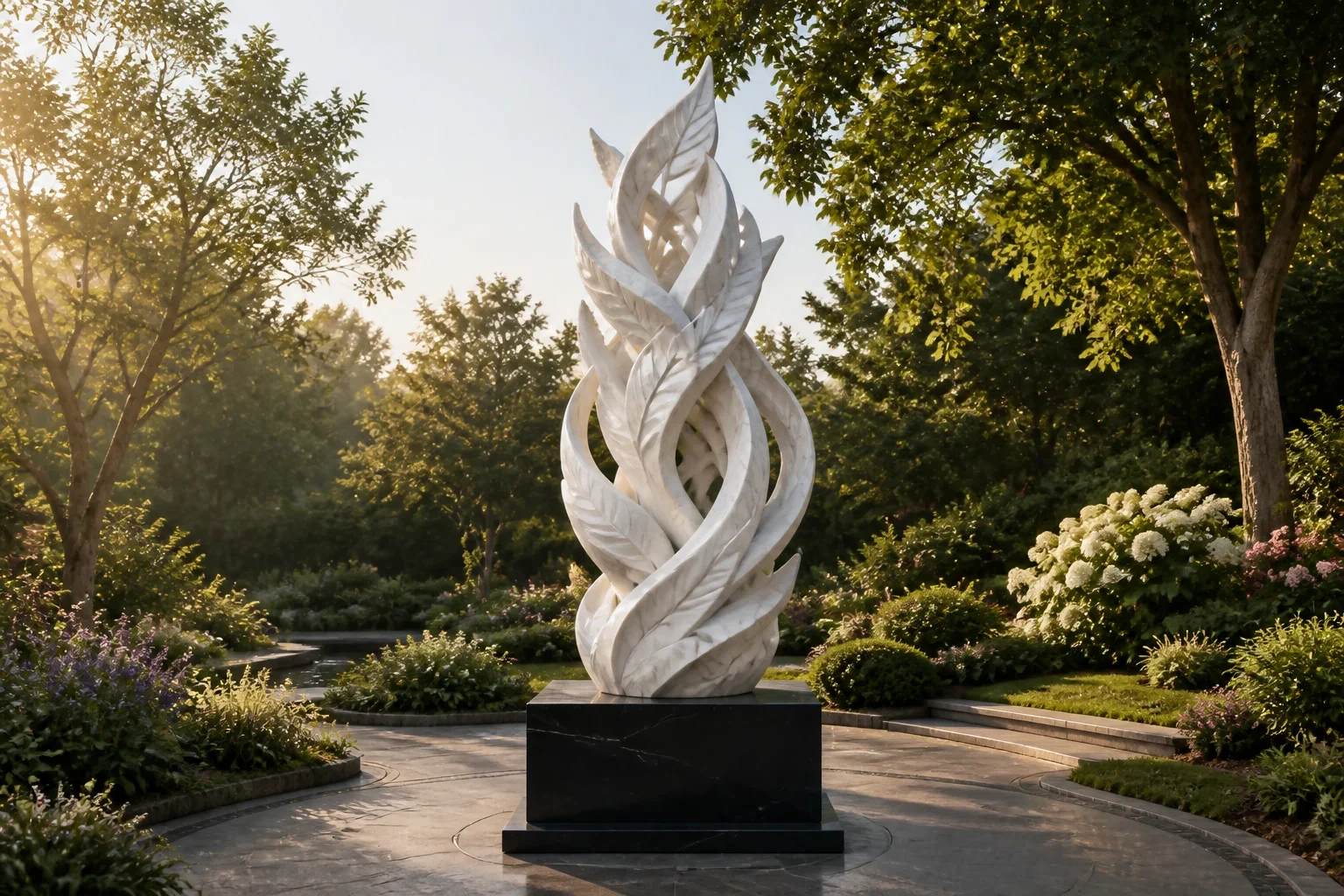 White stone leaf sculpture in a landscaped garden