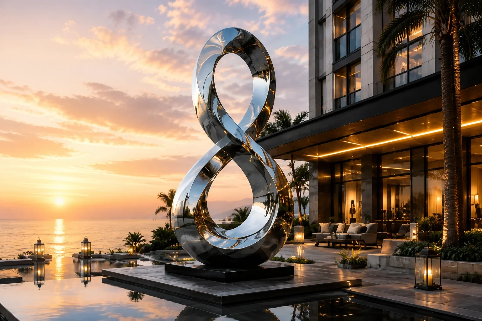 Stainless steel infinity sculpture at a luxury hotel and resort