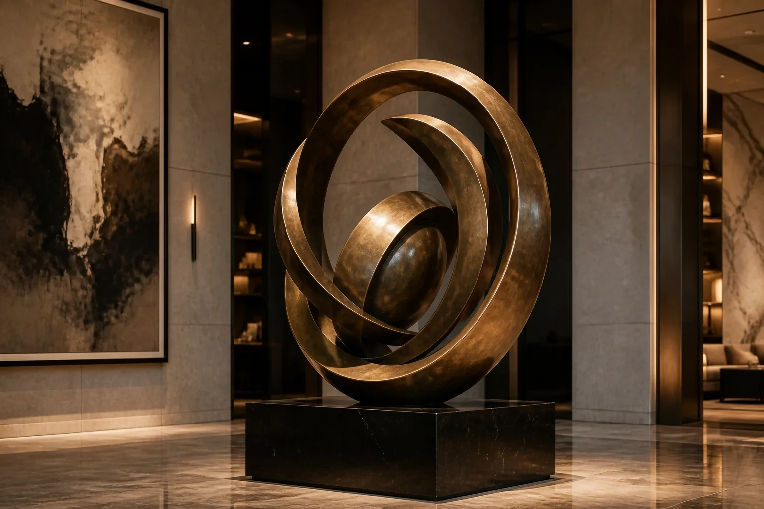 Abstract bronze ring sculpture in a luxury interior