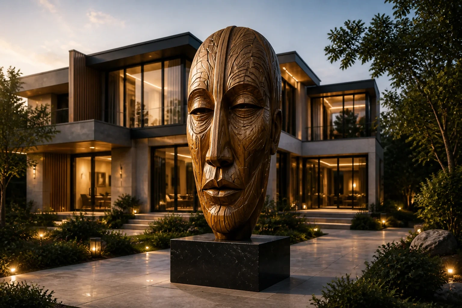 Monumental bronze face sculpture at a private luxury villa